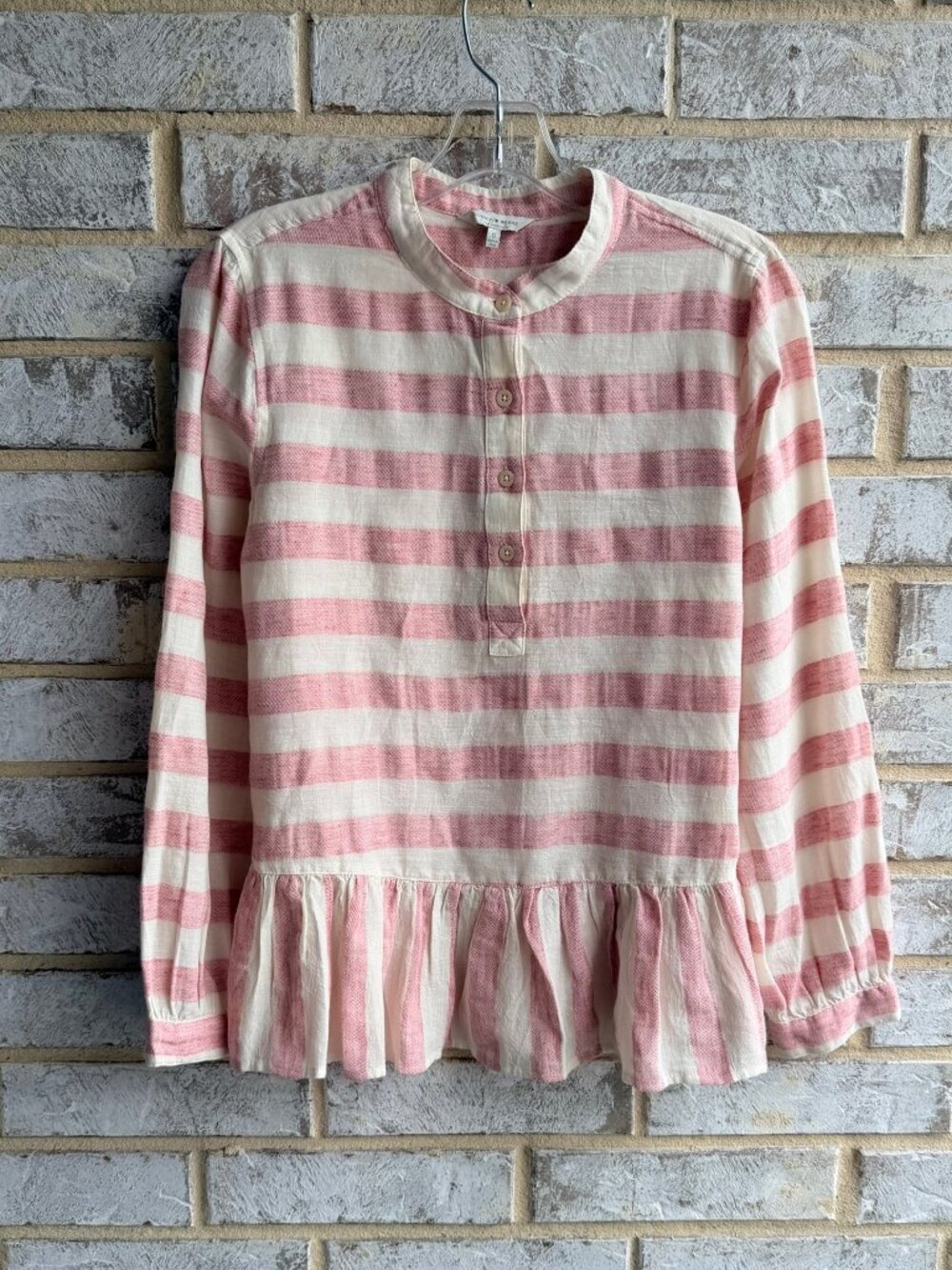 Lucky Brand Long Sleeve Round Neck Half Button Striped Tiered Blouse Size S